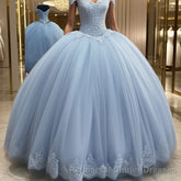 Ball Gown Off-the-Shoulder Floor-Length Tulle Semi Formal Prom Dresses With Appliques Lace